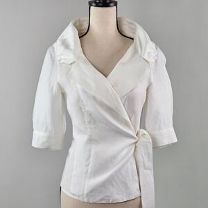 Max Mara Puro Lino Pure Linen Women's White Wrap Blouse | Medium | FLAWS